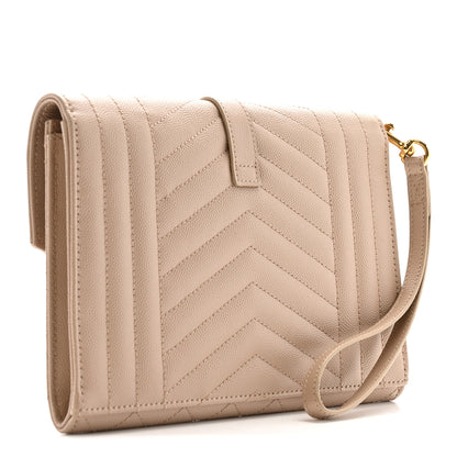 Saint Laurent Grain De Poudre Textured Mixed Matelasse Triquilt Monogram Clutch Dark Beige 3 of 10