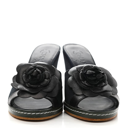 Chanel Canvas Camellia Wedge Sandals 36.5 Black 2 of 9