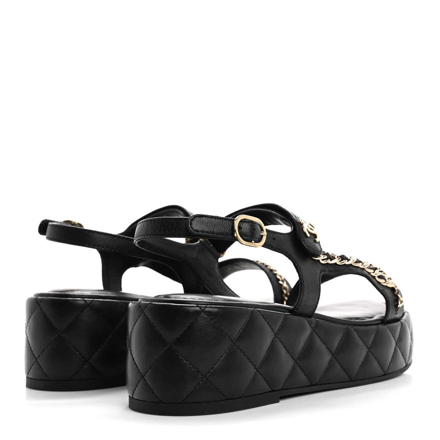 Lambskin Quilted Chain CC Platform Sandals 37.5 Black