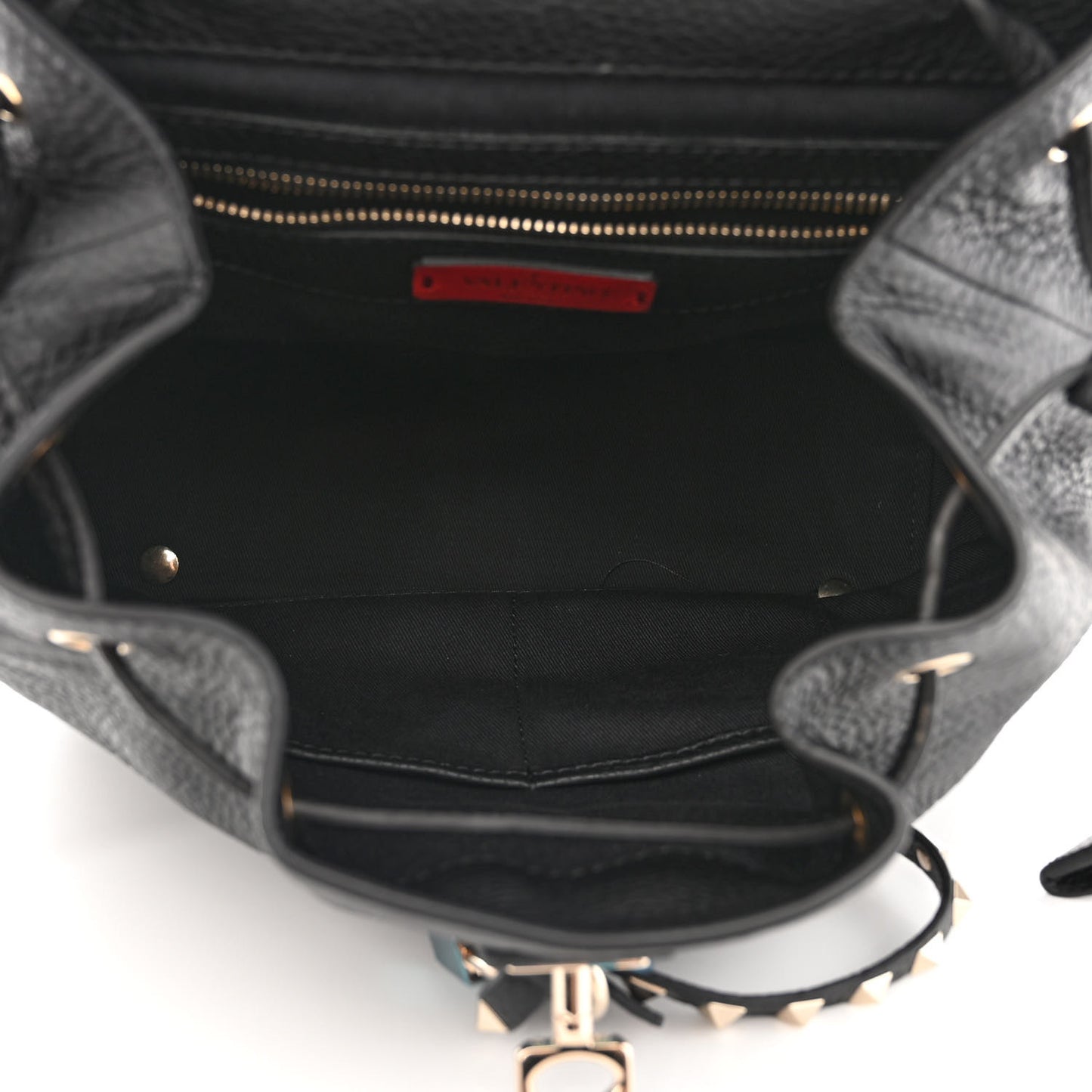 Pebbled Calfskin Rockstud Drawstring Backpack Black