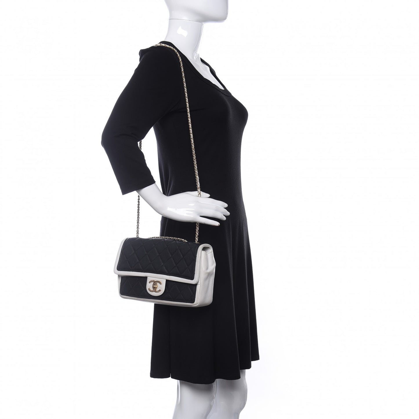 Calfskin Quilted Medium Graphic Flap Black White