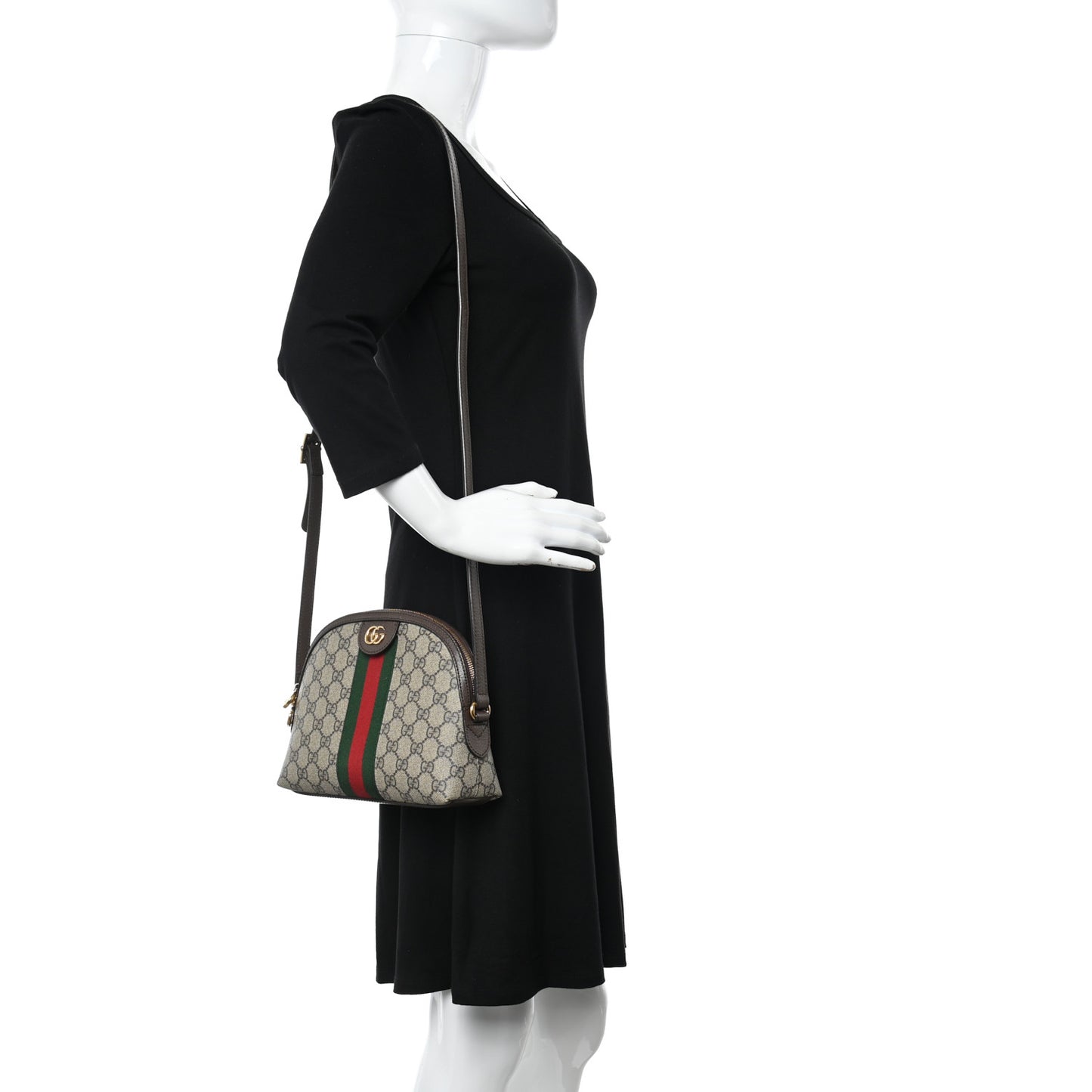 GG Supreme Monogram Textured Dollar Calfskin Web Small Ophidia Dome Shoulder Bag Beige Ebony New Acero