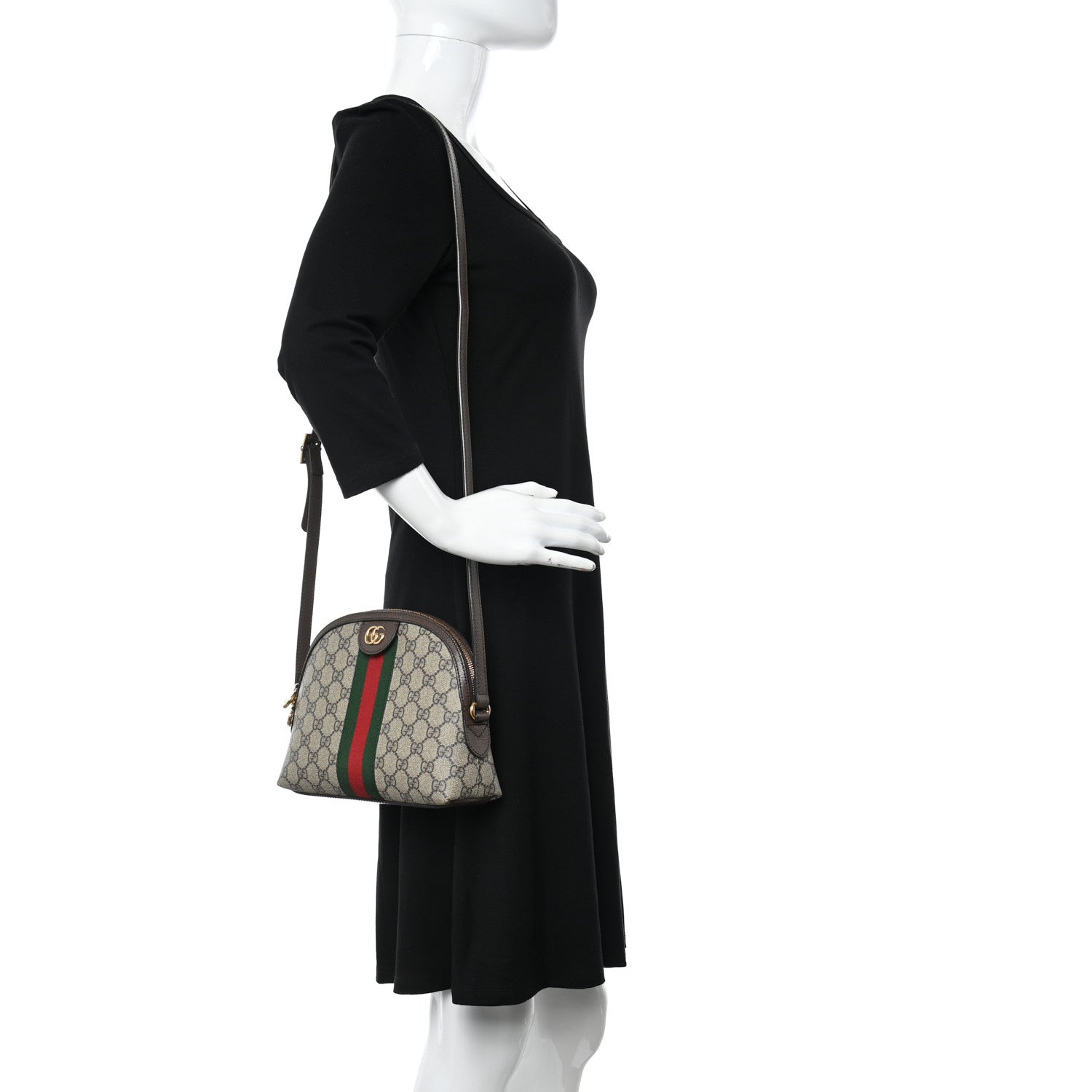 Gucci GG Supreme Monogram Textured Dollar Calfskin Web Small Ophidia Dome Shoulder Bag Beige Ebony New Acero 2 of 10