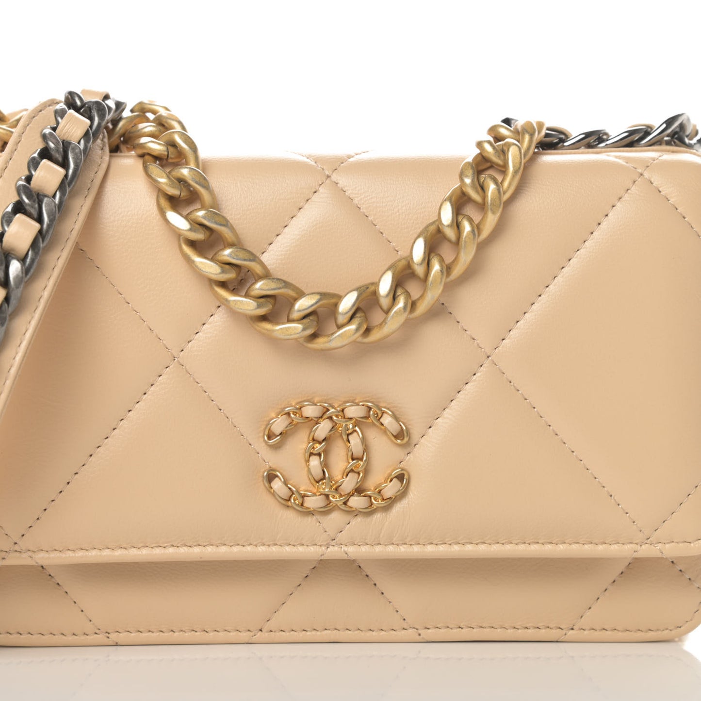 Lambskin Quilted Chanel 19 Wallet On Chain WOC Beige
