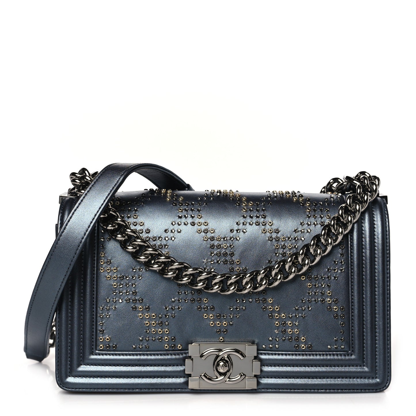 Calfskin Crystal Quilted Medium Boy Flap Charcoal