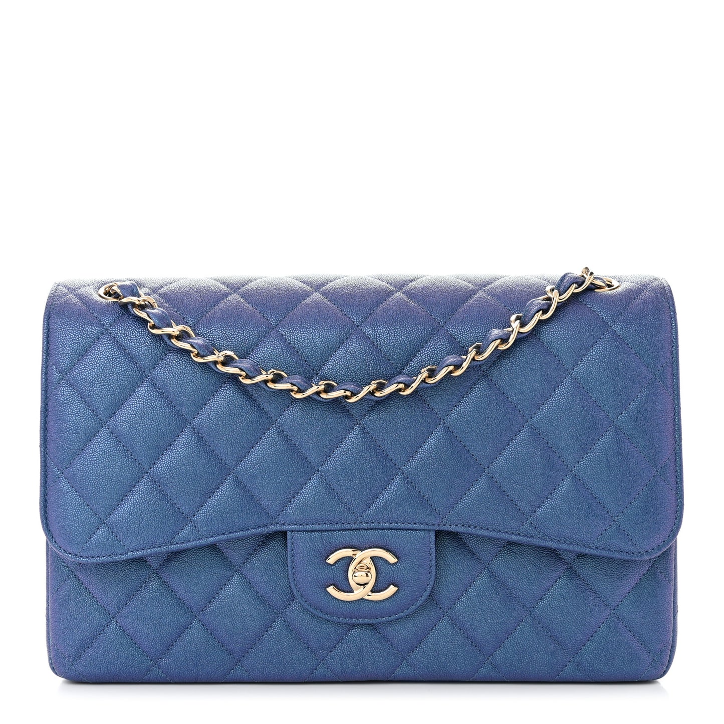Iridescent Caviar Quilted Jumbo Double Flap Dark Blue