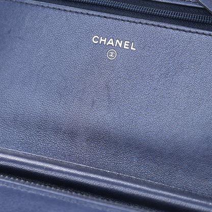 Chanel Metallic Sheepskin Chevron Quilted Vintage Mademoiselle Wallet On Chain WOC Navy 12 of 15