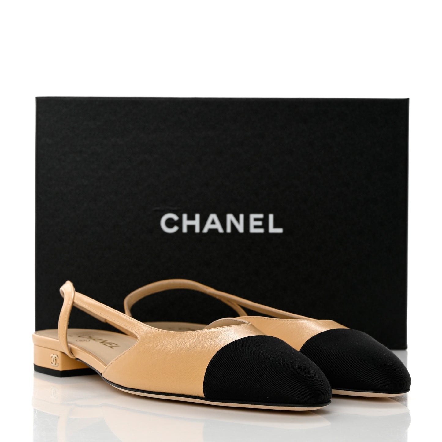 Lambskin Grosgrain Cap Toe CC Slingback Sandals 40 Beige Black
