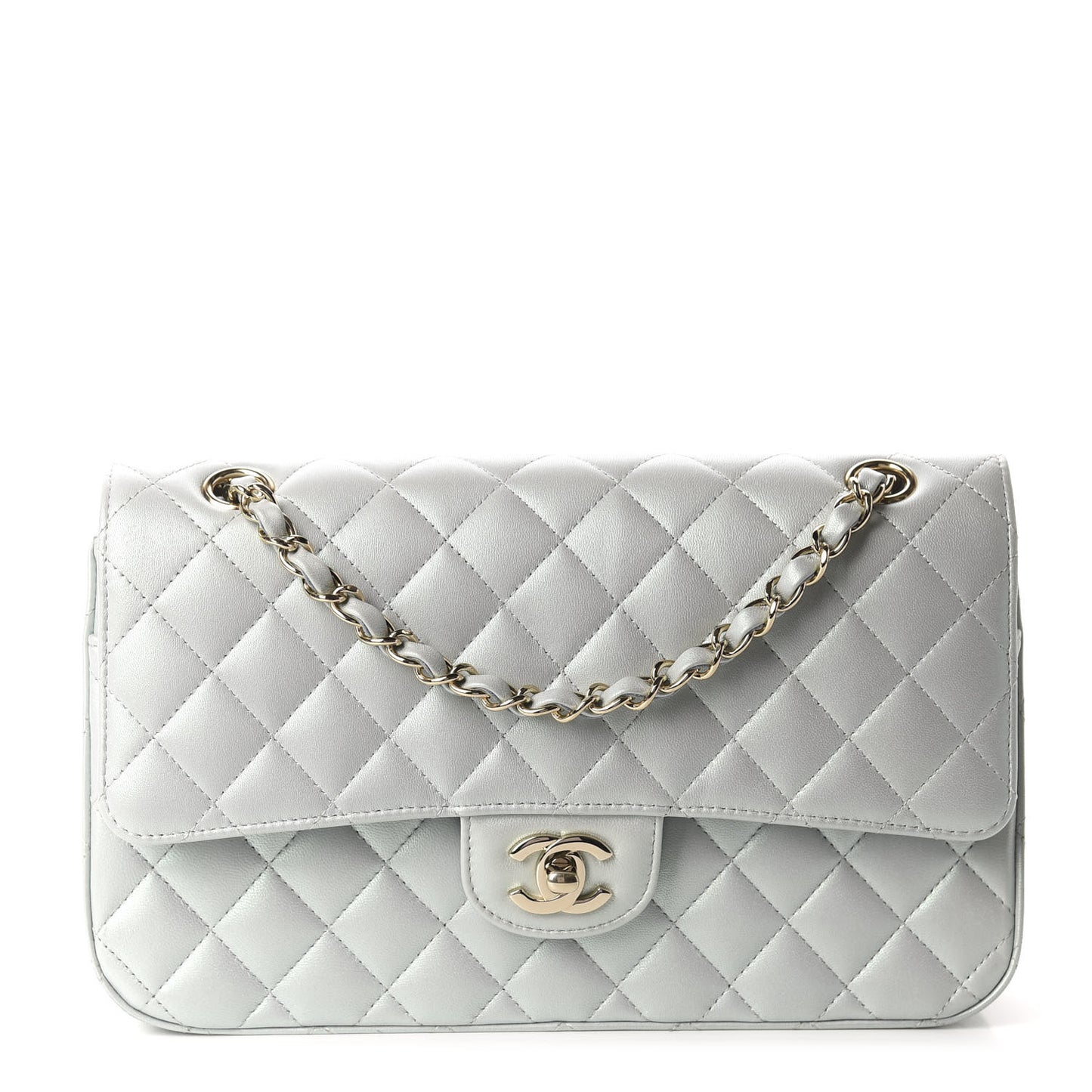 Iridescent Lambskin Quilted Medium Double Flap Light Blue