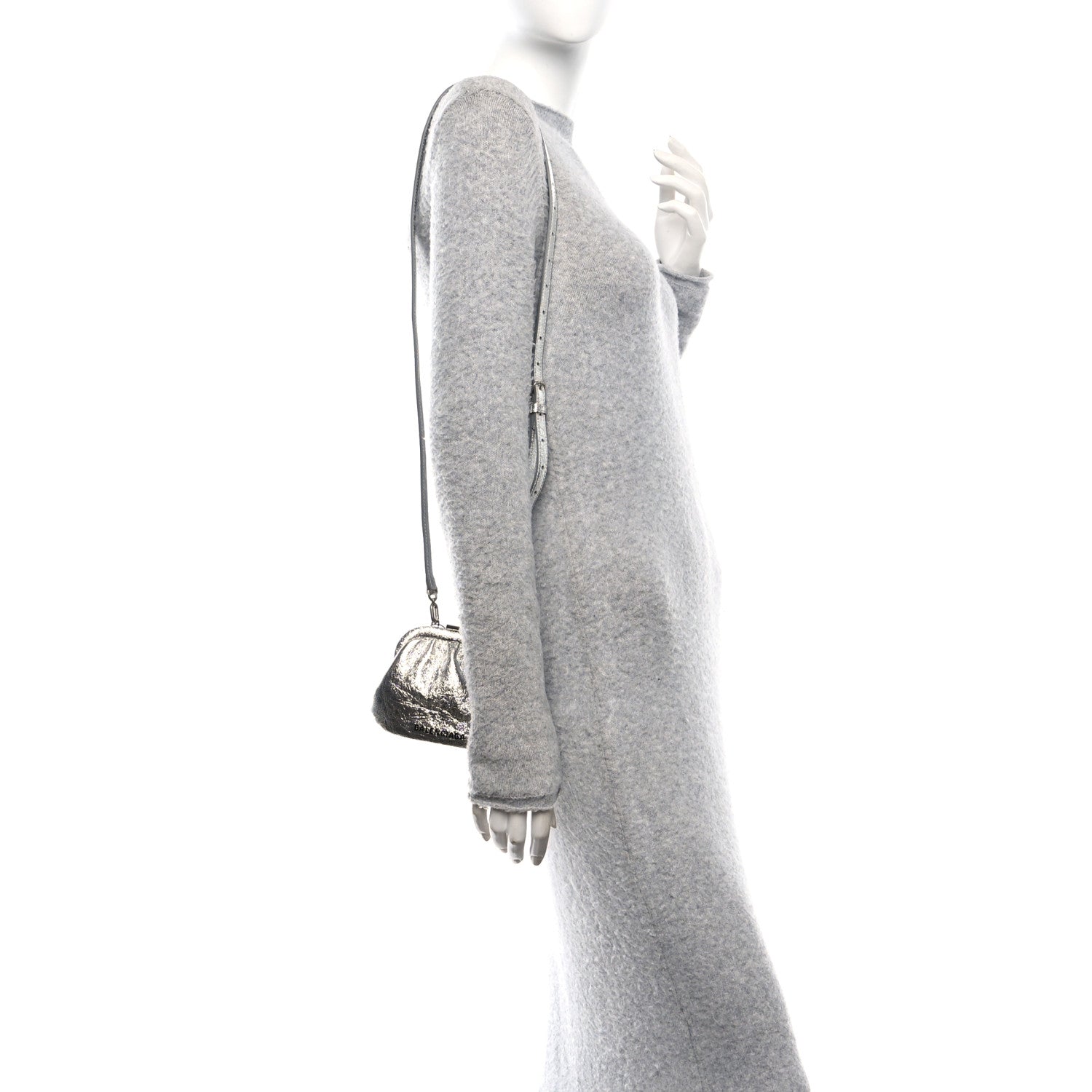 Balenciaga Metallic Textured Calfskin Logo Cloud Coin Purse With Strap Silver 2 of 11