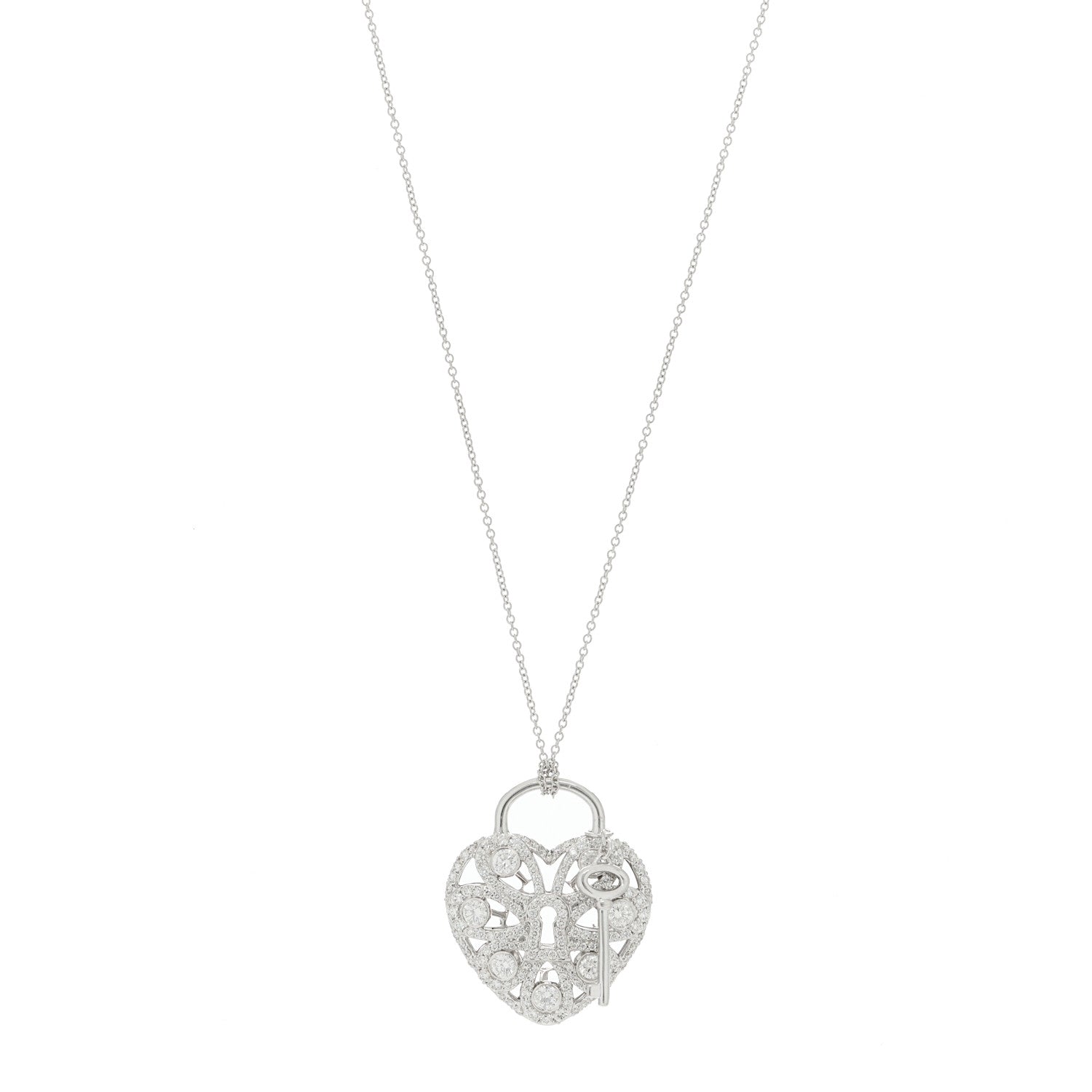 Tiffany 18K White Gold Diamond Large Filigree Heart Key Pendant Necklace 1 of 5