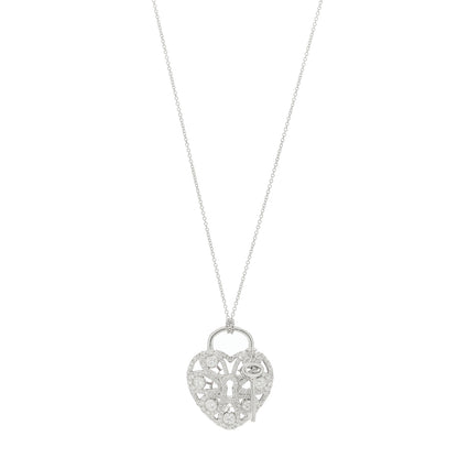 Tiffany 18K White Gold Diamond Large Filigree Heart Key Pendant Necklace 1 of 5