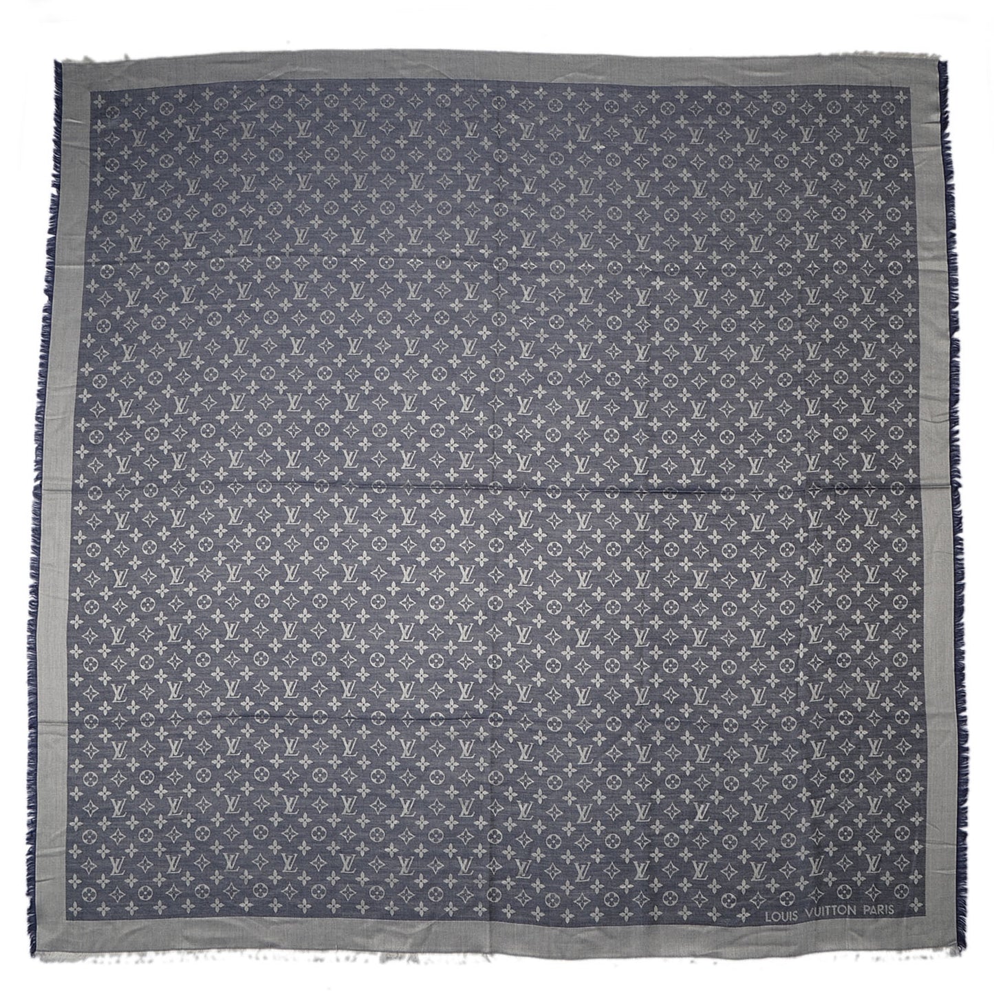 Wool Silk Monogram Denim Shawl Blue