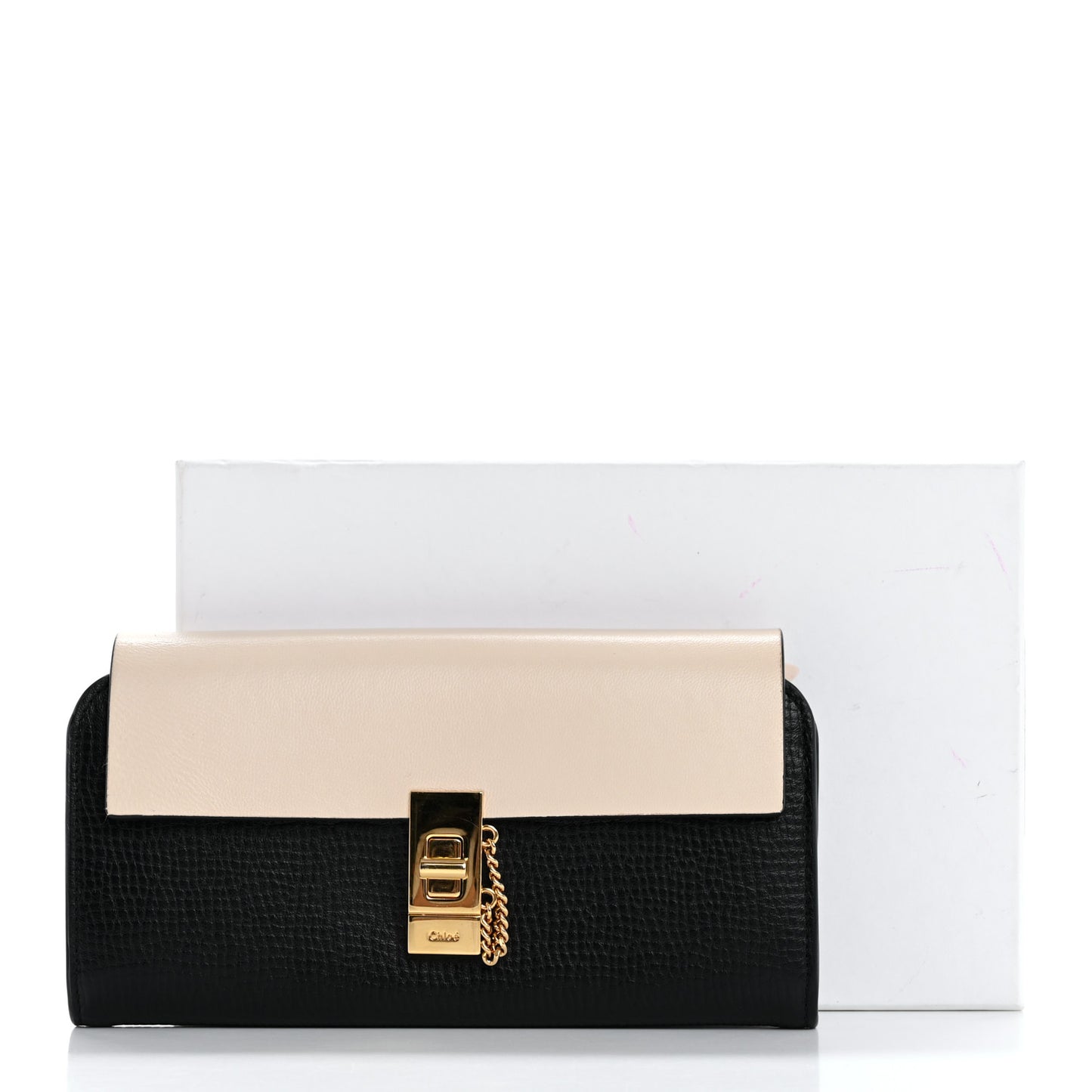 Grained Calfskin Lambskin Drew Long Wallet with Flap Black Powder Beige