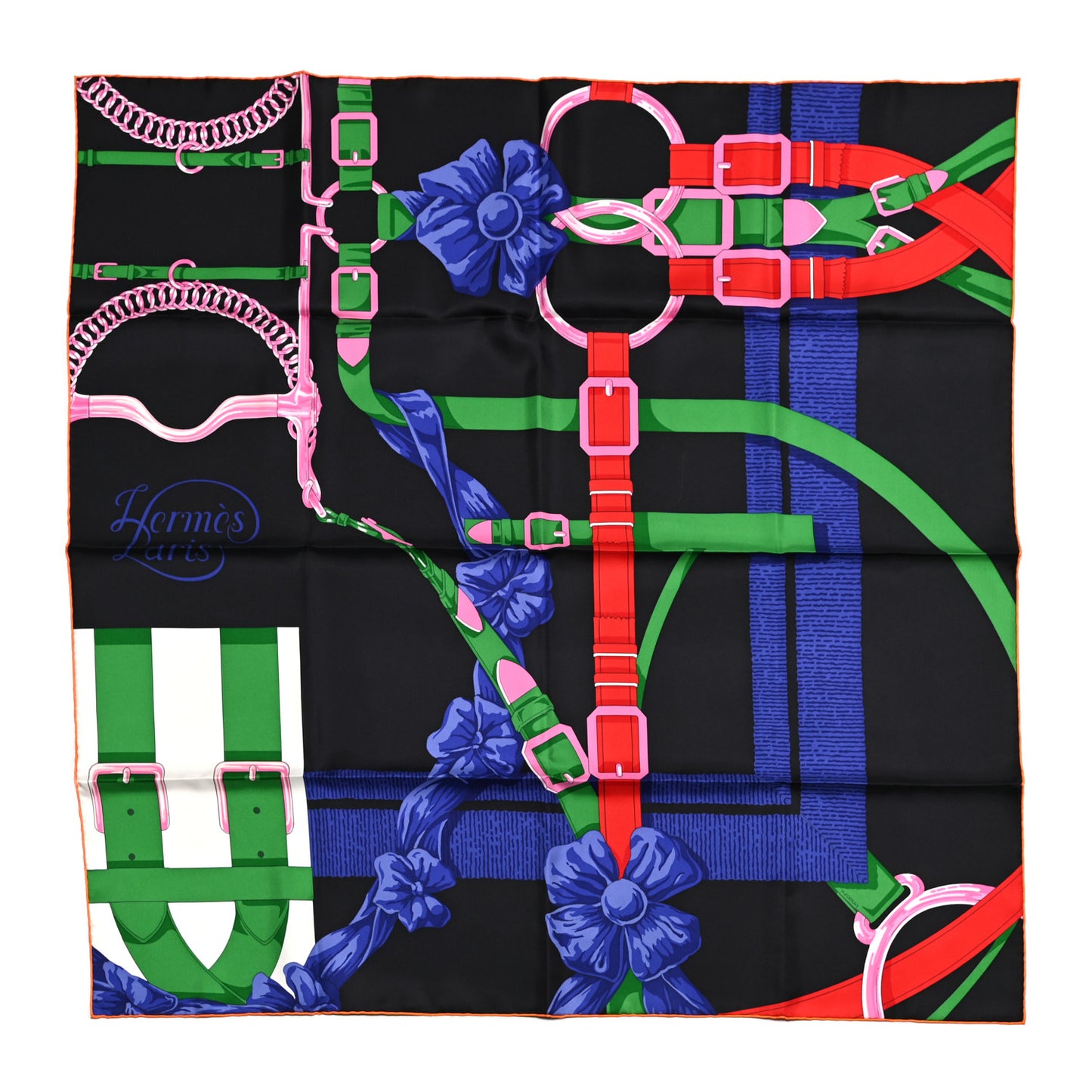 Silk Grand Manege Detail Scarf 90 Black Vert Rose Vif