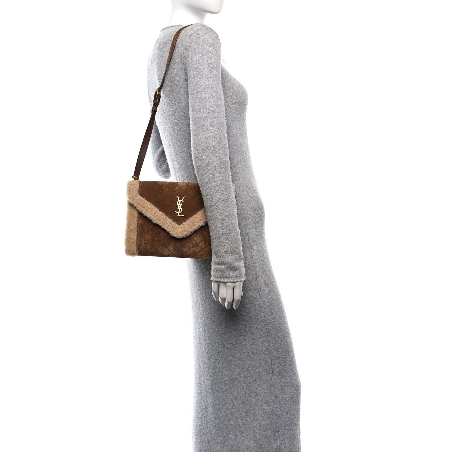 Saint Laurent Nubuck Shearling Quilted Medium Gaby Satchel Natural Tan 2 of 10