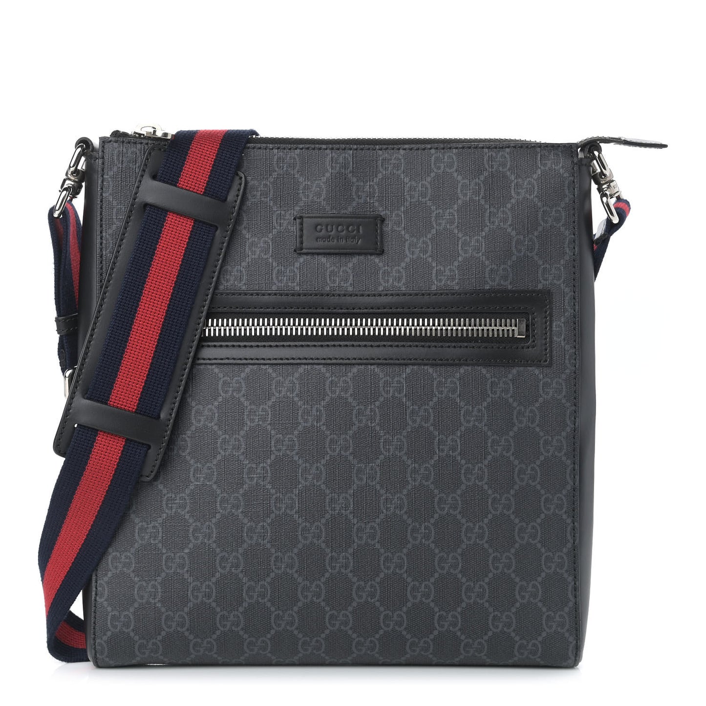 GG Supreme Monogram Appia Calfskin Web Flat Messenger Bag Black Grey