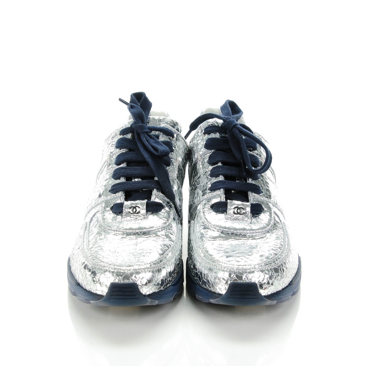 Metallic Crackled Calfskin CC Sneakers 42 Silver Black Navy