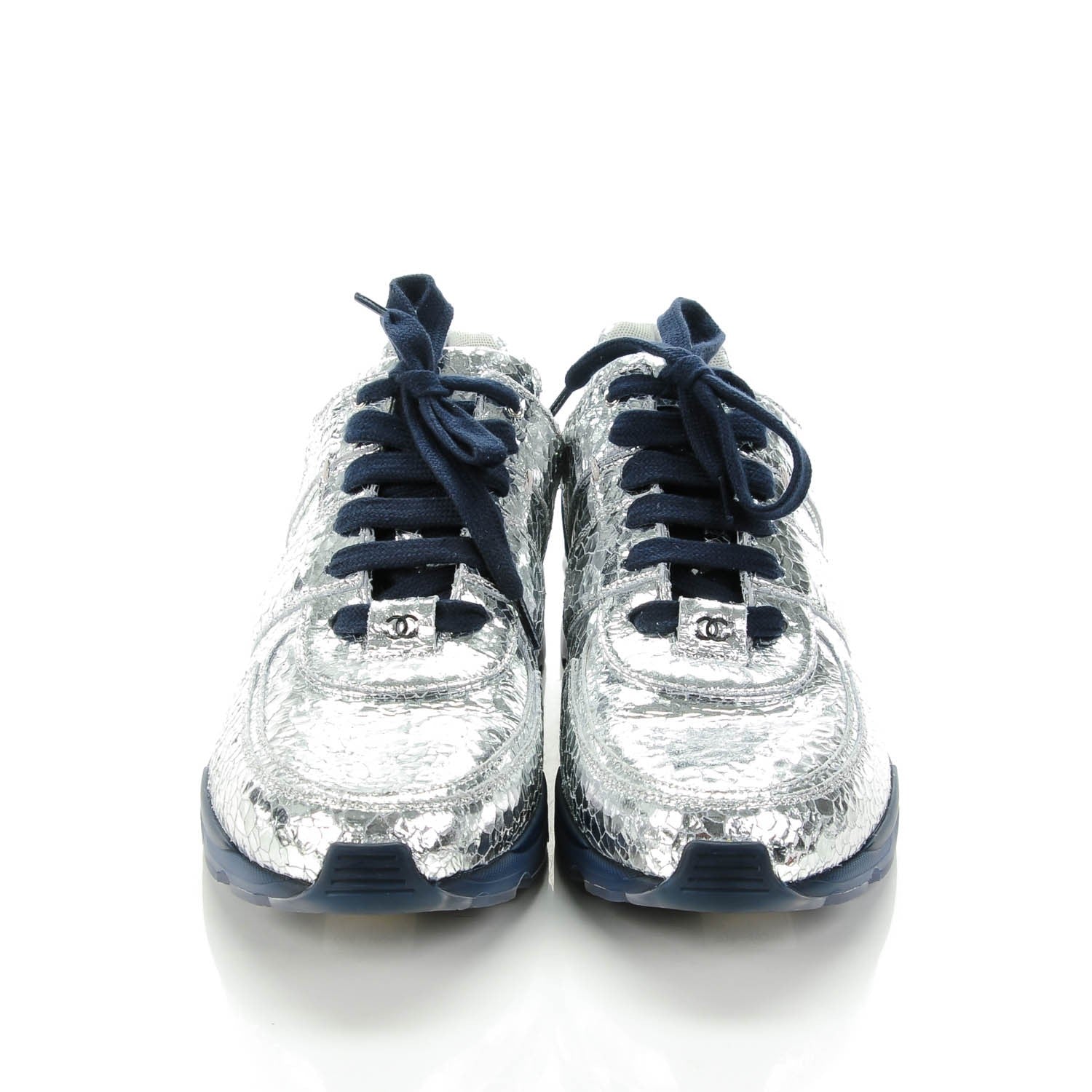 Chanel Metallic Crackled Calfskin CC Sneakers 42 Silver Black Navy 3 of 8