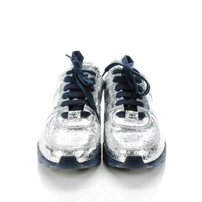 Chanel Metallic Crackled Calfskin CC Sneakers 42 Silver Black Navy 3 of 8