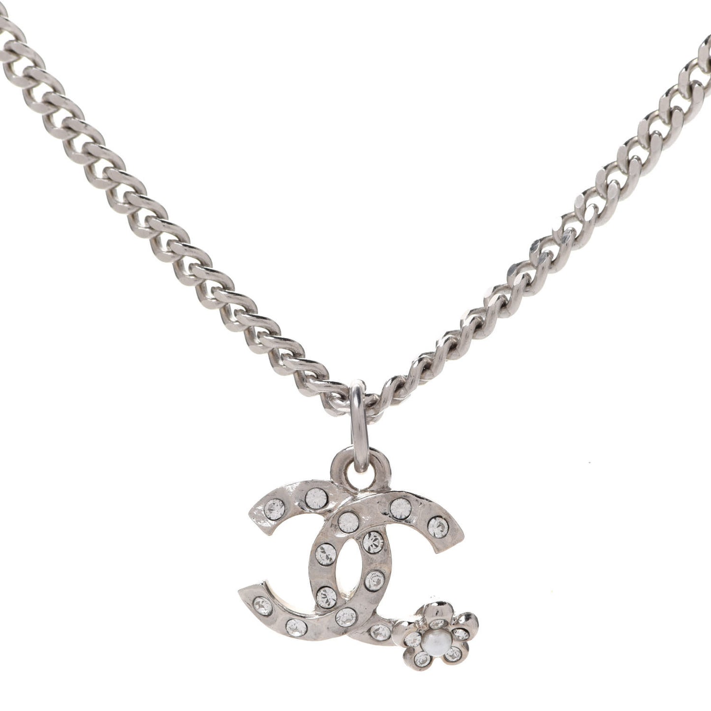 Pearl Crystal CC Pendant Necklace Silver