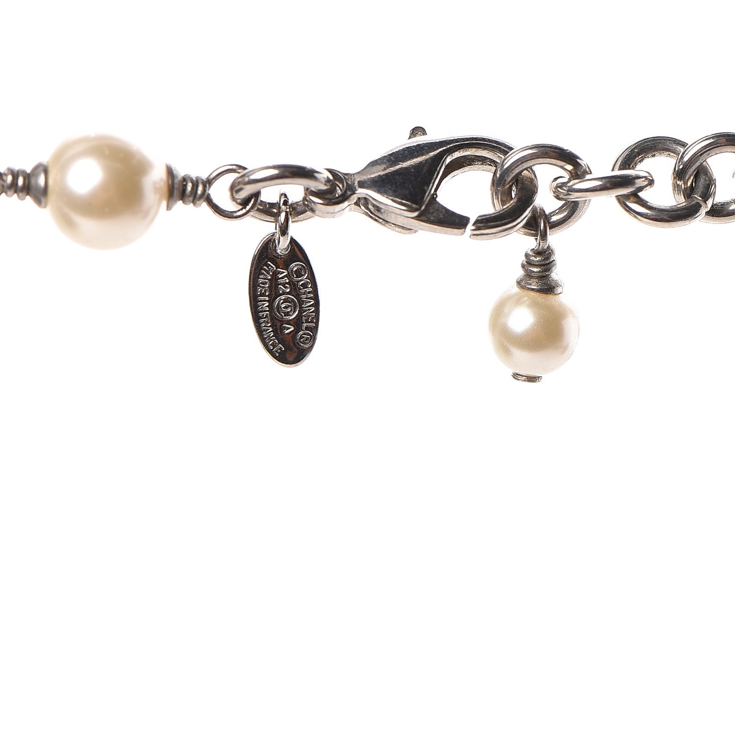 Graduated Pearl Crystal CC Long Necklace Silver