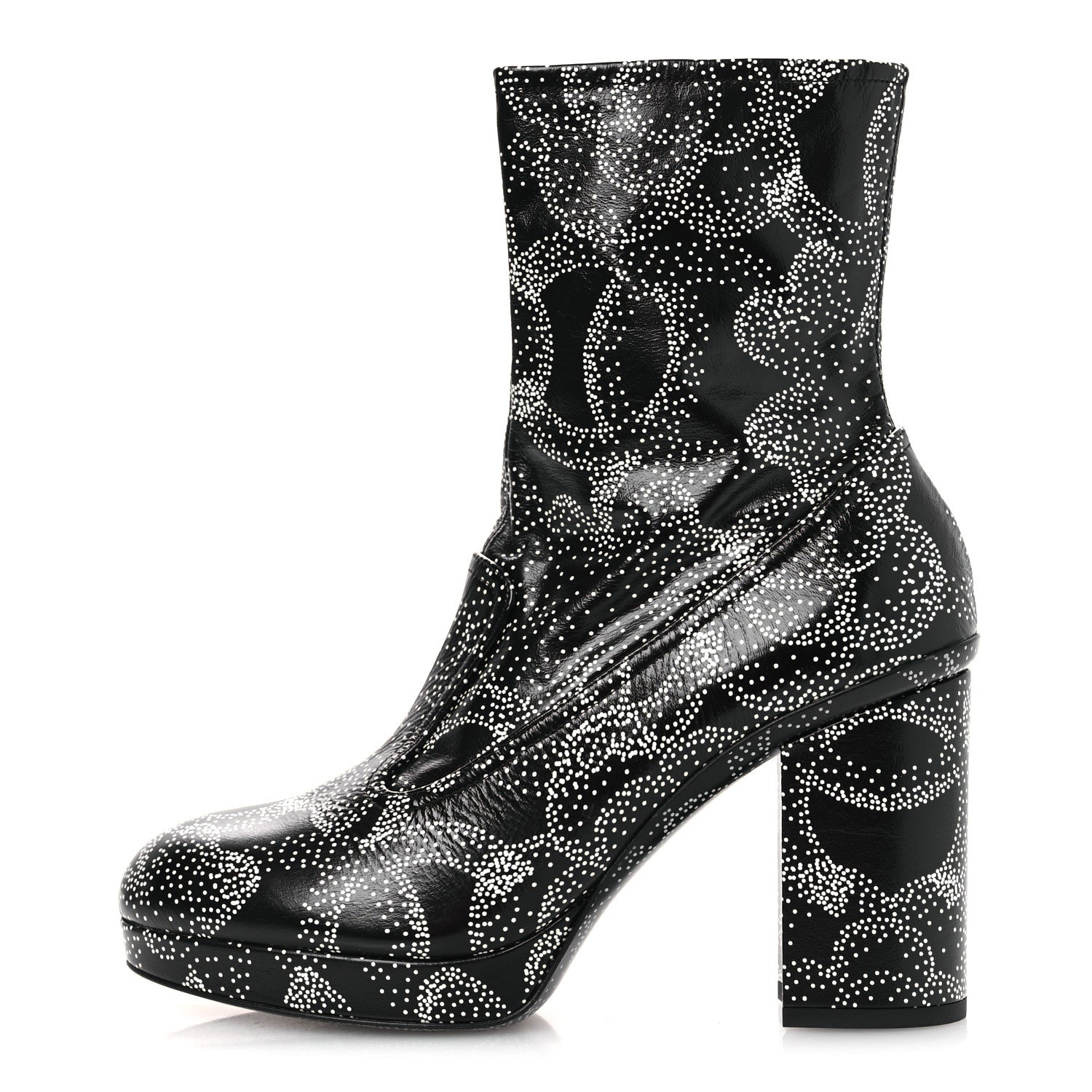 Chanel Calfskin Camellia Printed Ankle Boots 38.5 Black White 1 of 11