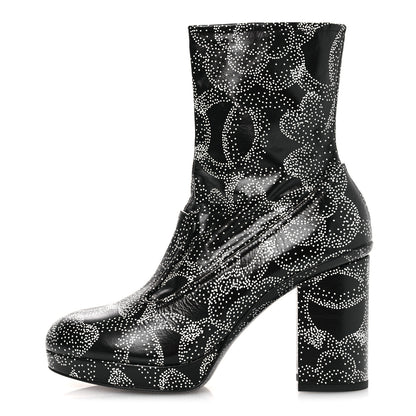 Chanel Calfskin Camellia Printed Ankle Boots 38.5 Black White 1 of 11