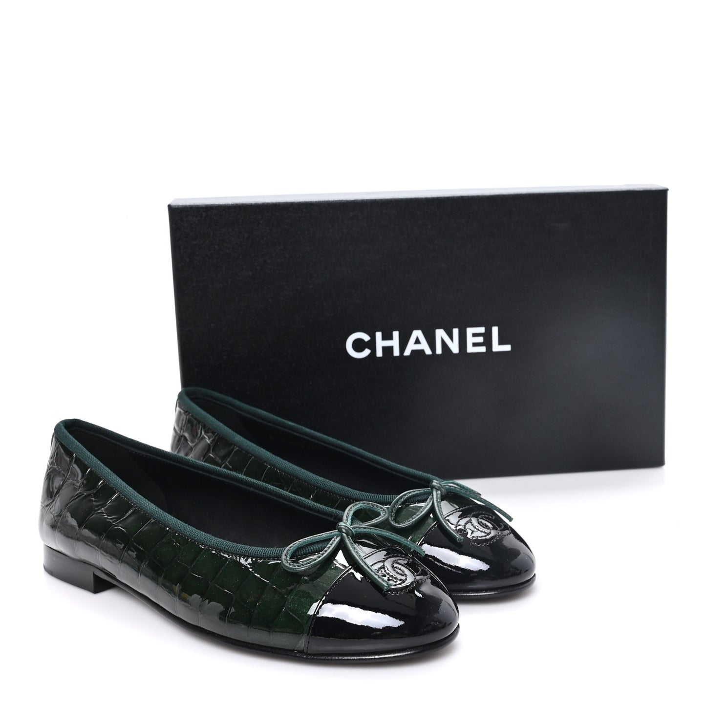 Crocodile Embossed Patent Calfskin Ballet Flats 36.5 Dark Green Black