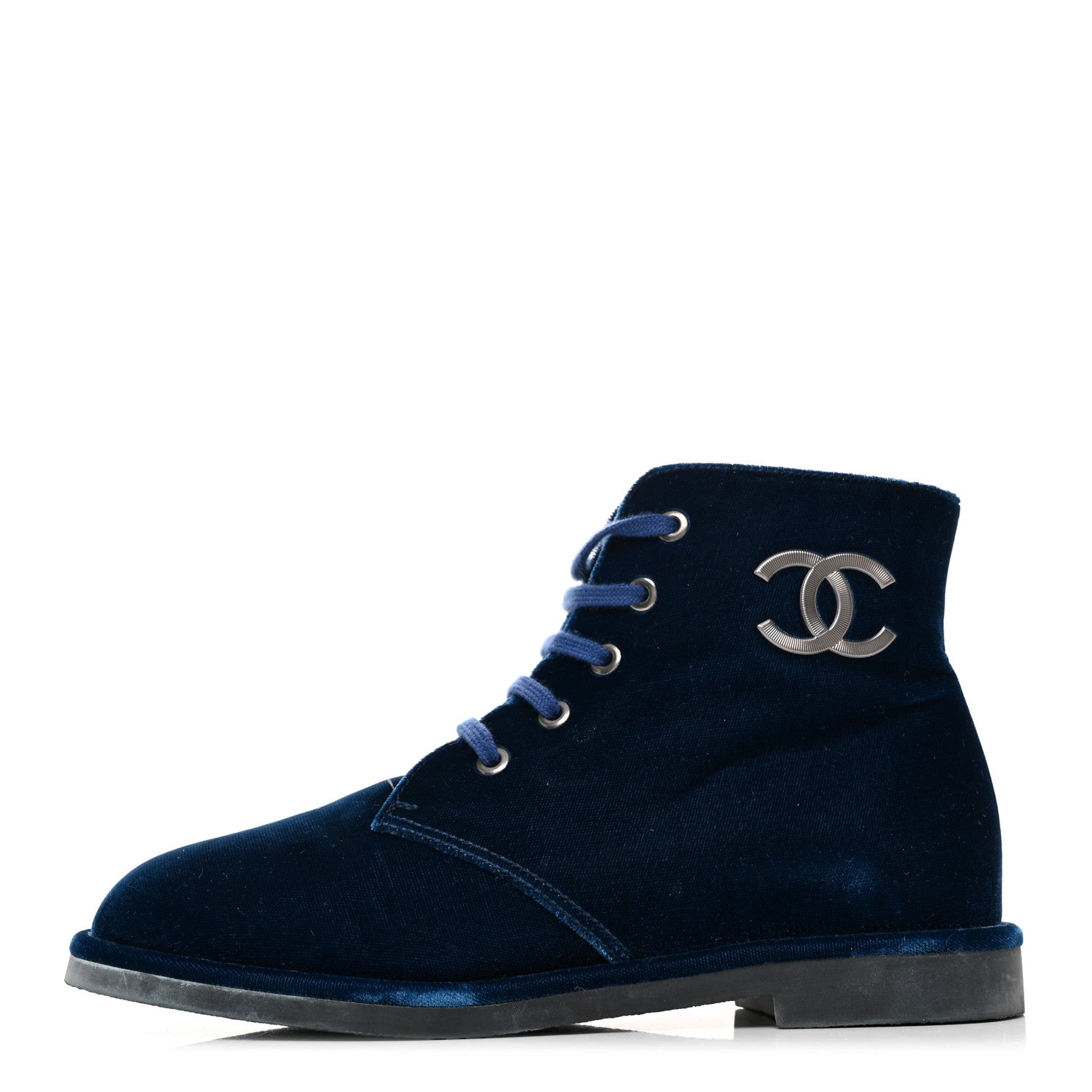 Chanel Velvet CC Lace Up Boots 37 Blue 1 of 8