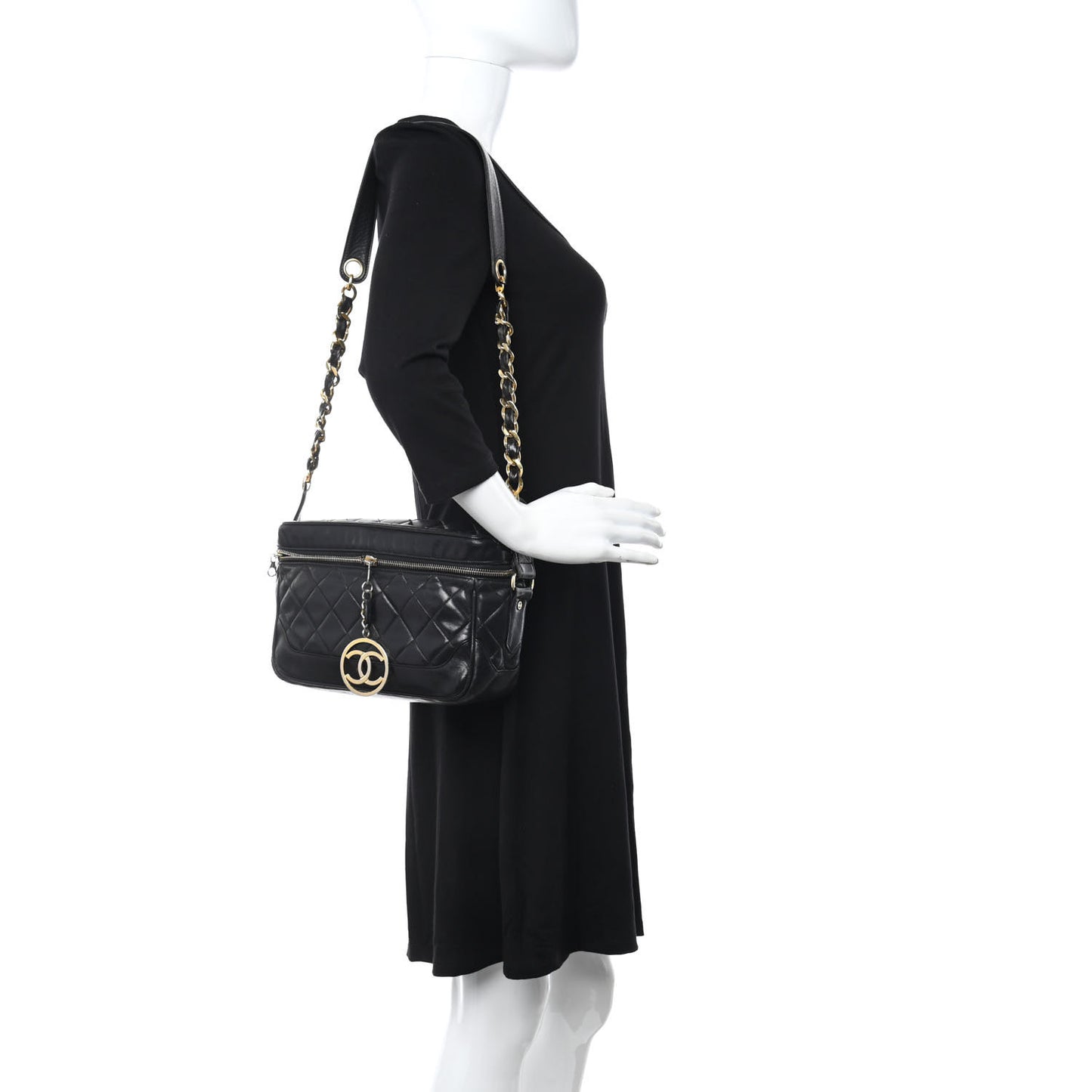 Lambskin Quilted Vanity Train Case Shoulder Bag Black