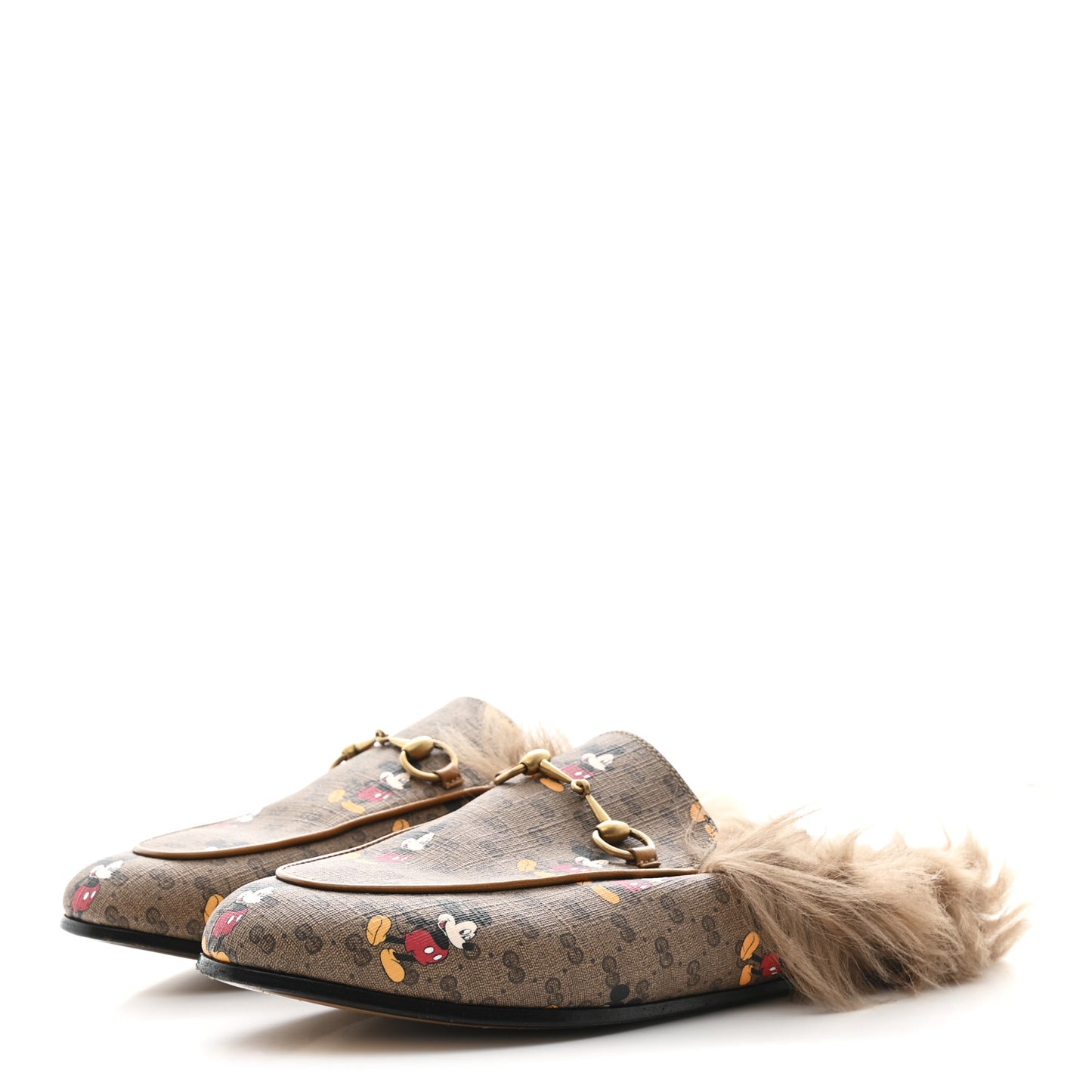 X DISNEY Mini Vintage GG Supreme Monogram Mickey Mouse Fur Womens Princetown Slippers 38 Beige Vintage Sun Oil