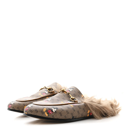 Gucci X DISNEY Mini Vintage GG Supreme Monogram Mickey Mouse Fur Womens Princetown Slippers 38 Beige Vintage Sun Oil 4 of 9
