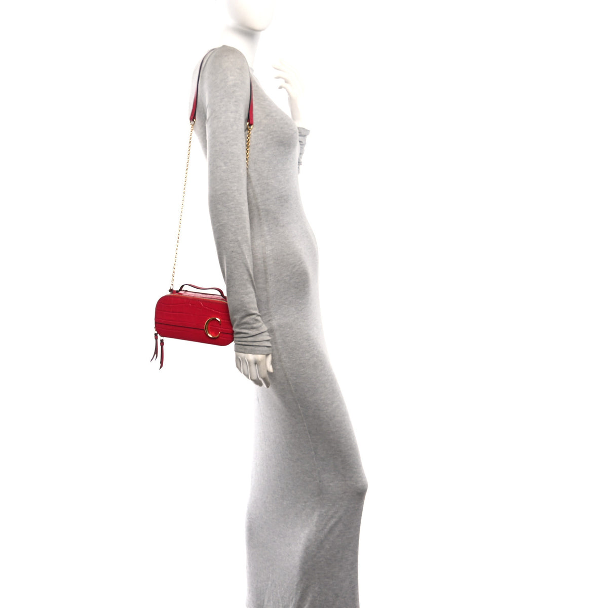 Calfskin Crocodile Embossed Mini C Vanity Bag Red