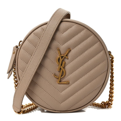 Saint Laurent Grain De Poudre Matelasse Chevron Quilted Round Vinyle Camera Bag Dark Beige 1 of 9