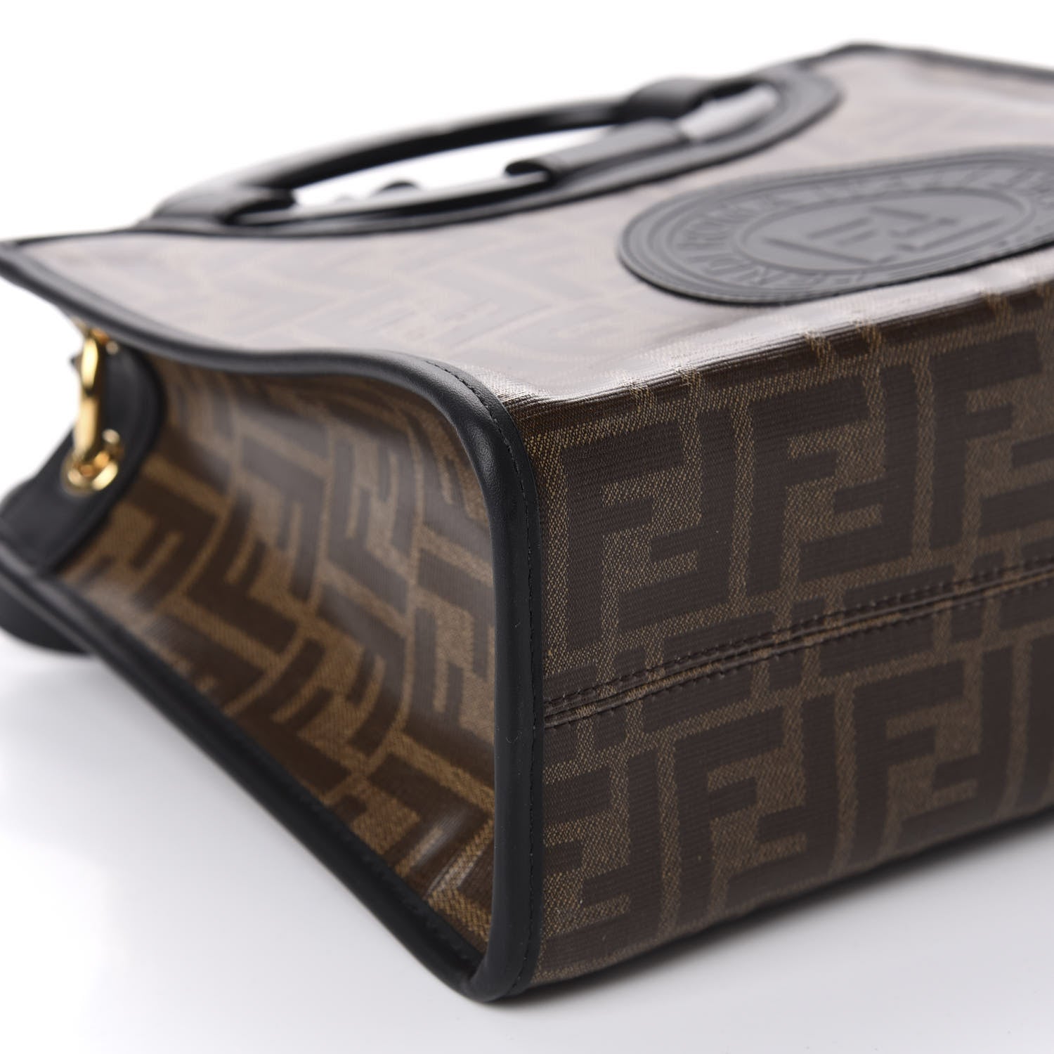 Fendi Glazed Fabric Vitello Century Plexiglass FF 1974 Stamp Patch Small Runaway Shopper Tote Mogano Panna Black 6 of 10