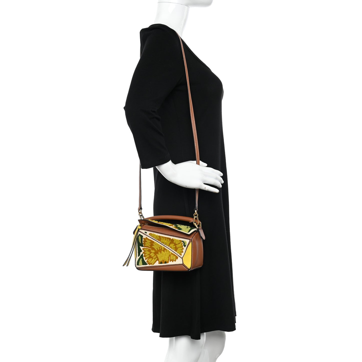 Calfskin Embroidered Floral Small Puzzle Bag Tan Yellow