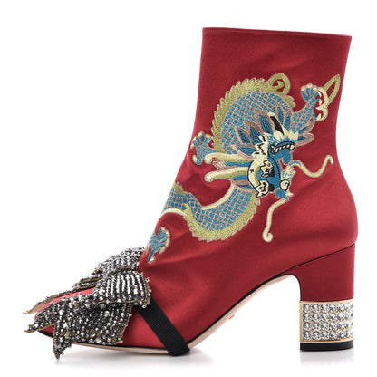 Gucci Silk Satin Malaga Kid Embroidered Candy Dragon Block-Heel Ankle Boot 38.5 Hibiscus Red 1 of 13