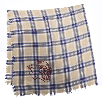 Gucci Wool Tiger Embroidered Plaid Scarf Beige Navy 2 of 4