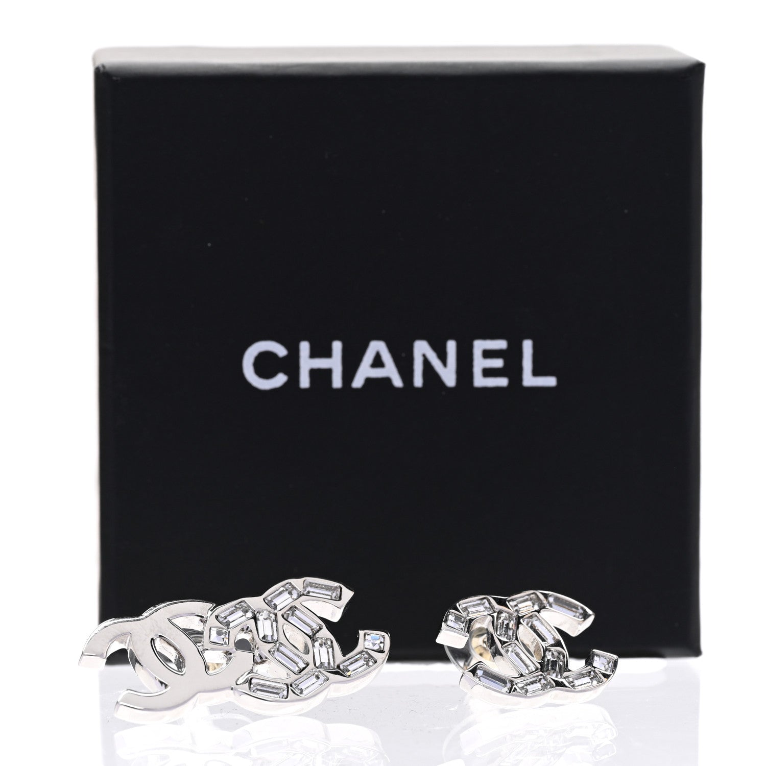 Chanel Baguette Crystal Double CC Earrings Silver 5 of 5