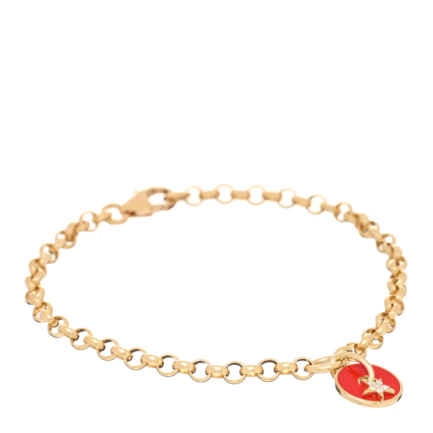 18K Yellow Gold Diamond Enamel Star Strength Medium Belcher Bracelet Red