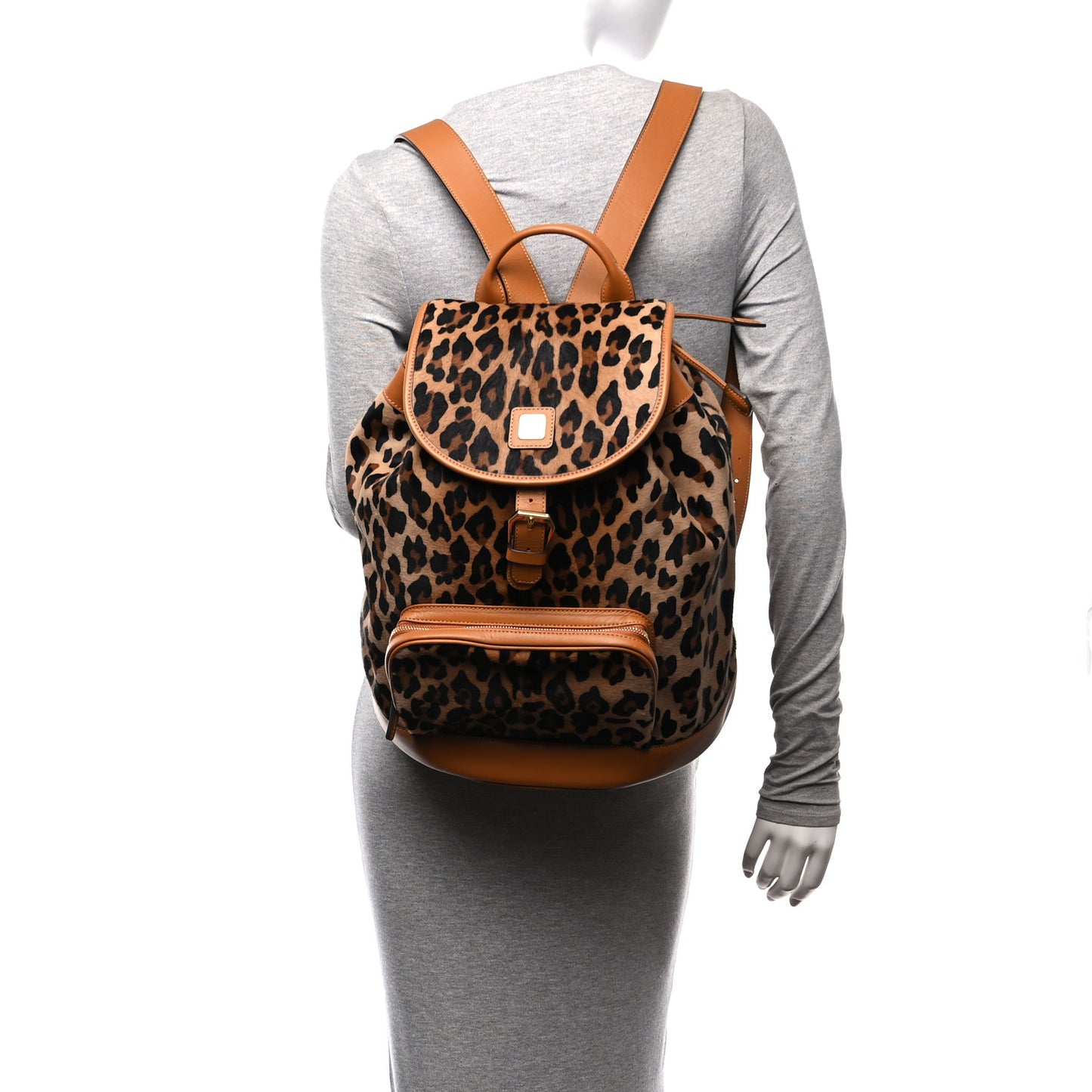 Calf Hair Calfskin Leopard Print Medium Backpack Brown Black