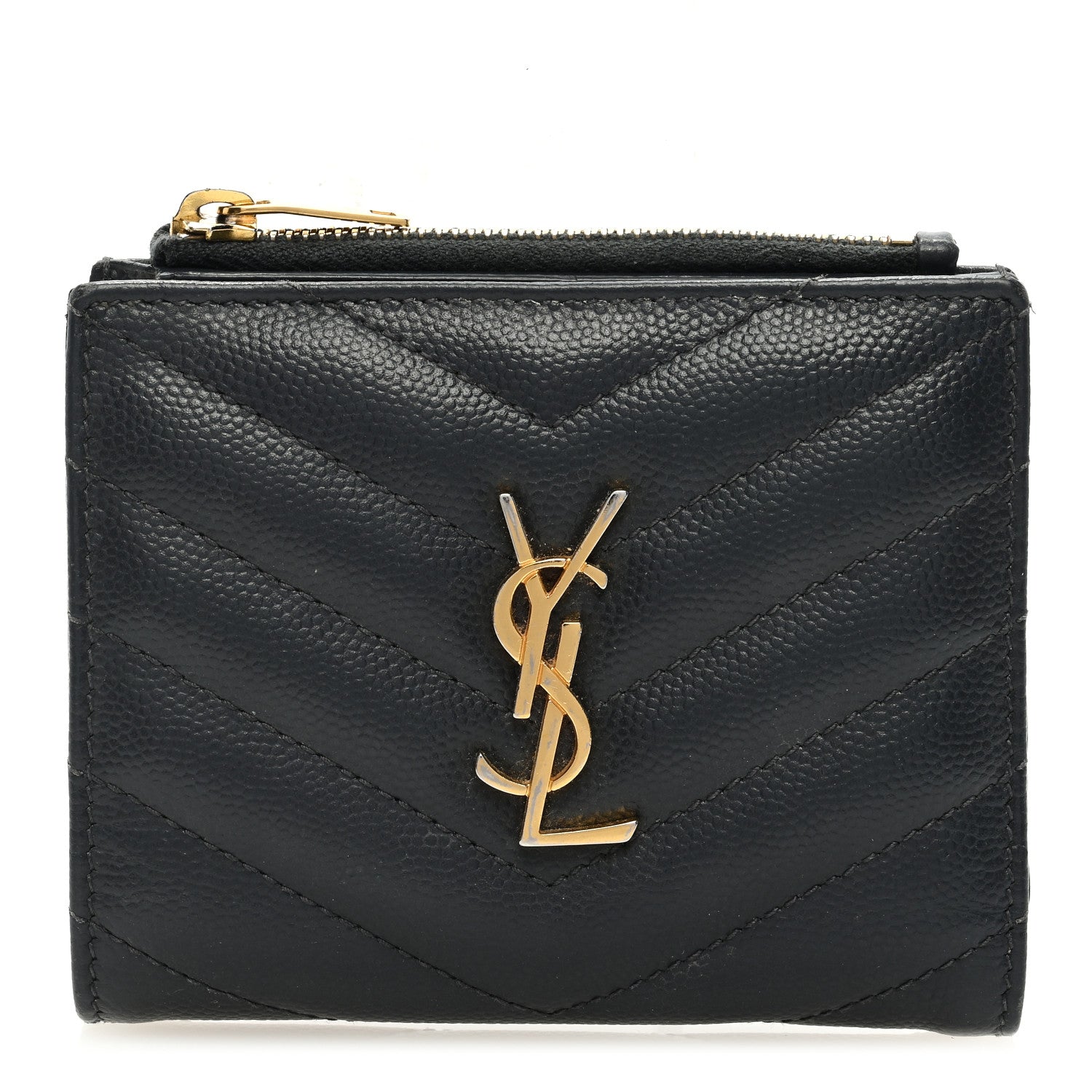 Saint Laurent Grain De Poudre Matelasse Chevron Monogram Zipped Card Case Dark Smog 1 of 6