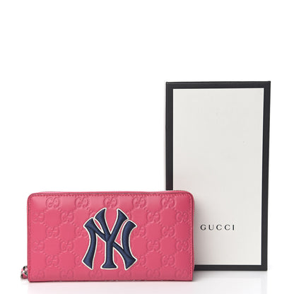 Gucci X MLB Guccissima Signature NY Yankees Embroidered Zip Around Wallet Box Pink Blue Ivory 9 of 9