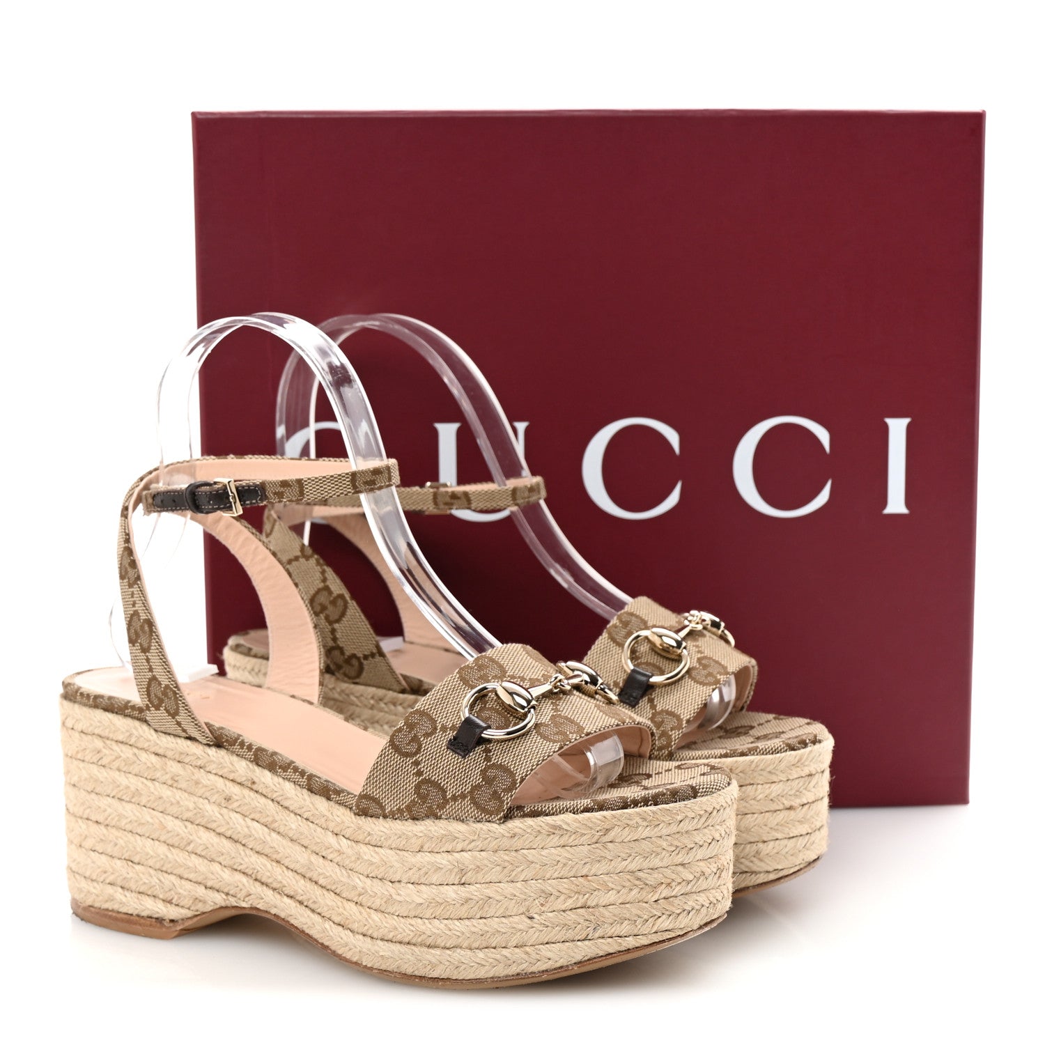 Gucci Monogram Nappa Chalotte Horsebit Ankle Strap 75mm Flatform Sandals 36 Beige Ebony 10 of 10
