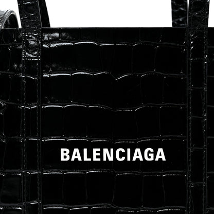 Balenciaga Shiny Calfskin Logo Crocodile Embossed XXS Everyday Tote  Black 8 of 10