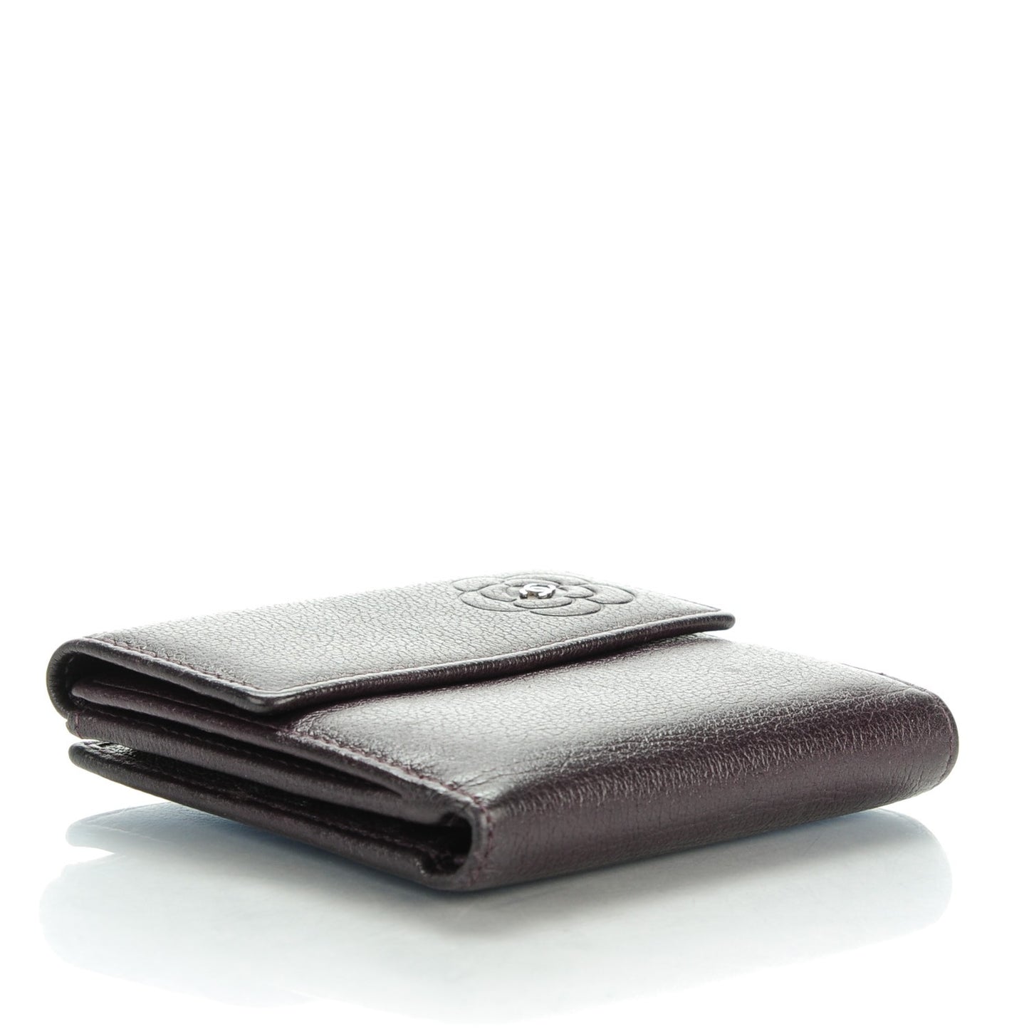Glazed Goatskin Camellia Embossed French Flap Wallet Purple