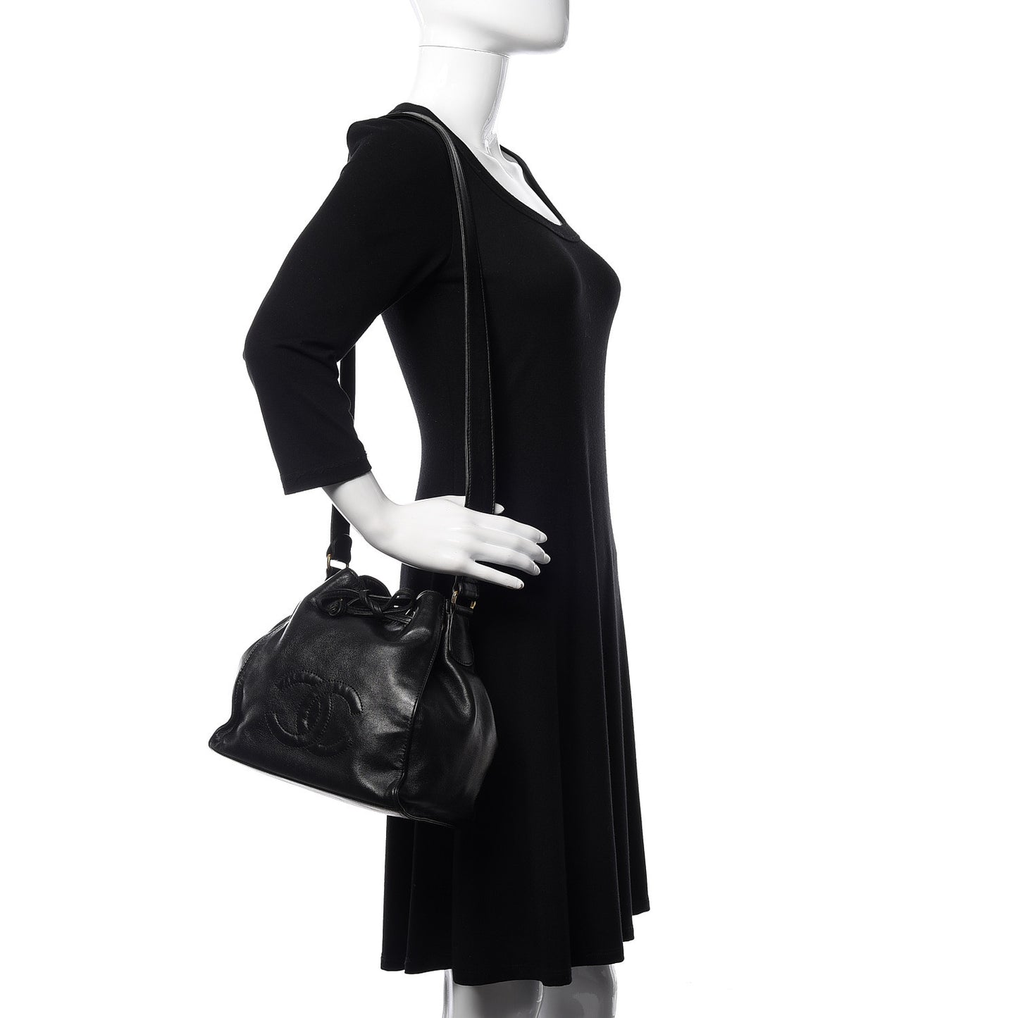 Lambskin CC Drawstring Shoulder Bag Black