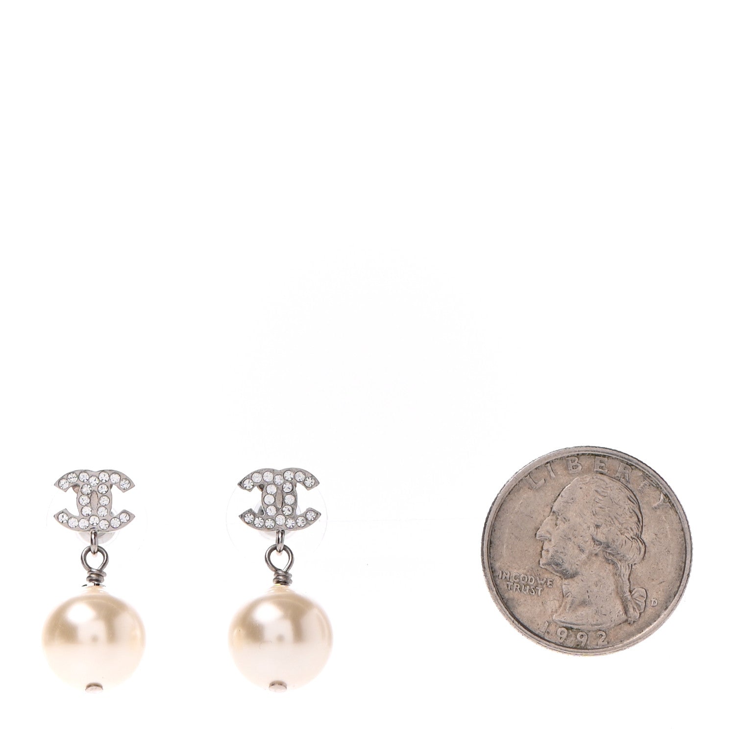 Chanel Crystal Pearl CC Drop Earrings Silver 2 of 4