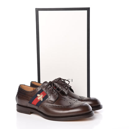 Gucci Calfskin Web Bee Embroidered Mens Lace Up Brogue Wingtip Derby Shoes 7 Cocoa 8 of 8